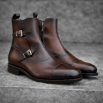 Tomcat Double Monk Boot in Burnished Dark Brown Leather
